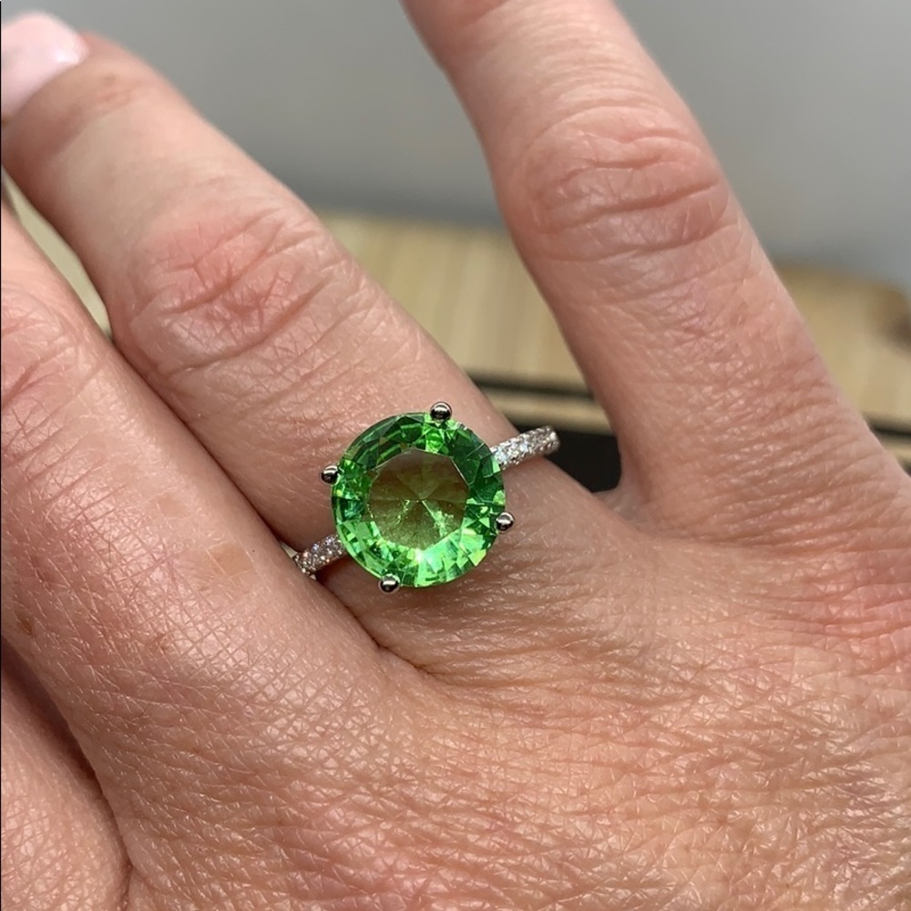 Simulated Colorful Emerald with Lab Created White Diamond Ring - Picture 2 of 3